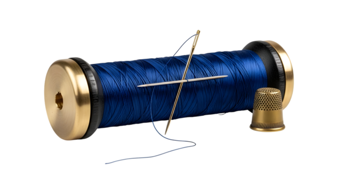Spool of blue thread with needle and thimble isolated on transparent background