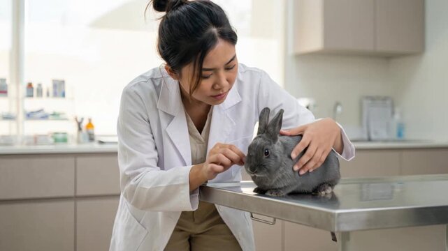 Veterinarian examining rabbit on examination table in clinic  