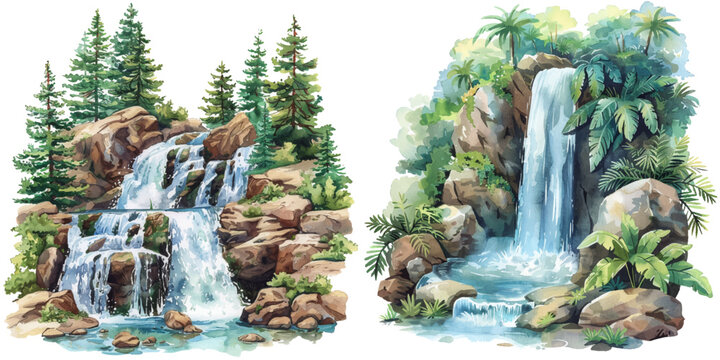 forest waterfall watercolor vector illustration