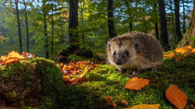 Charming hedgehog portrait autumn leaves moss forest wildlife serene nature scene captivating animal close up - Powered by Adobe