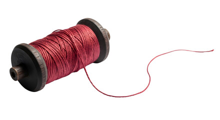 Vintage wooden spool of red thread isolated on transparent background
