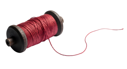 Vintage wooden spool of red thread isolated on transparent background