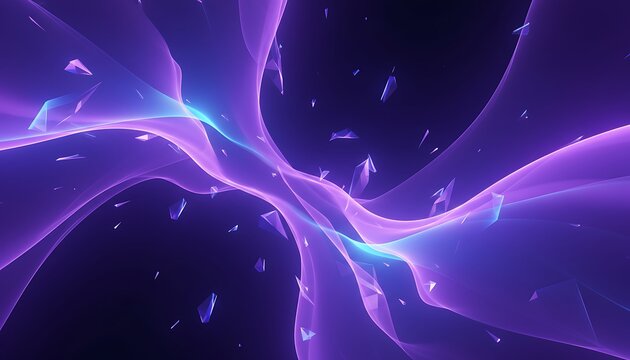 Abstract swirling cosmic nebula with glowing purple and blue light trails and shimmering particles against a dark starry background creating a sense of wonder and exploration