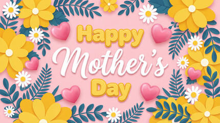 Elegant Happy Mother's Day Floral Greeting Card Illustration | Pink Background & Cute Hearts