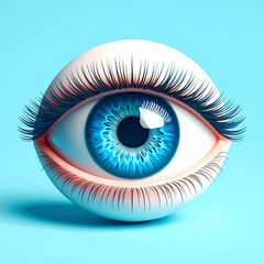 Surreal 3D Illustration of Large Blue Eye with Long Eyelashes, Glossy Realistic Eyeball on Blue Background, Abstract Pop Art Beauty and Vision Concept