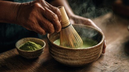 A barista preparing traditional matcha drink in a modern coffee shop. Close-up of hands whisking green matcha powder with a bamboo chasen in a ceramic bowl, soft steam rising in warm natural light.