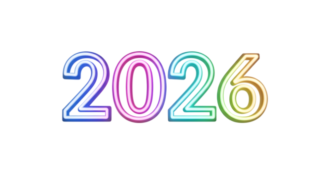 Neon 2026 year number isolated on transparent background