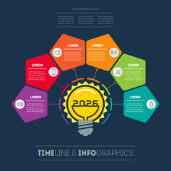 2026 Innovation Roadmap: Colorful Lightbulb Infographic with 6 Connected Pentagons. Perfect for Future Planning Presentations, Strategic Forecasting, and Business Vision Slides