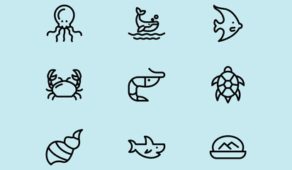 Fish and seafood elements line icons set.vector illustration.