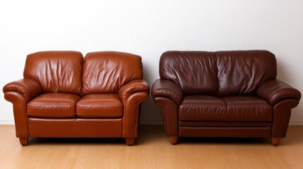 Comparison of two leather sofas in a modern living room setting highlighting different shades and styles