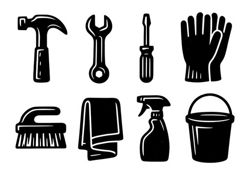Set of silhouette cleaning and repair tools for home improvement projects