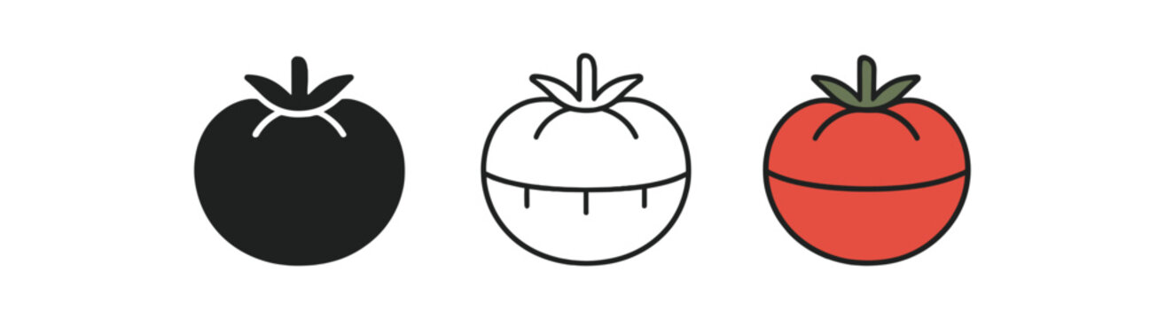 pomodoro timer icons three round timer or tomato shape icons with segments one flat solid monochrome one thin black outline black and white one full color flat icon red and white