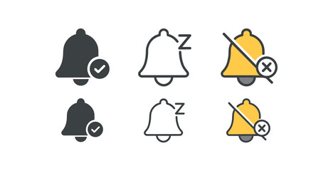 Fototapeta premium reminder bell icons three bell icons with small checkmark snooze line and off symbol one flat solid monochrome one thin black outline black and white one full color flat icon and gray
