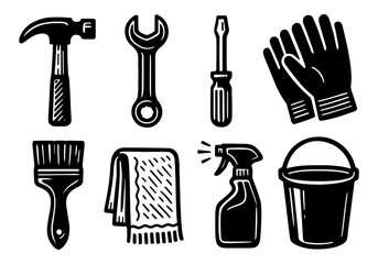 Obraz premium Essential black and white tool icons for home and garden maintenance projects