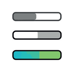 Obraz premium progress bar icons three horizontal bar icons at 25 50 and 100 percent one flat solid monochrome one thin black outline black and white one full color flat icon blue and green