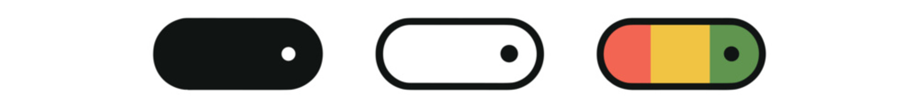 status tag icons three pill shaped label icons with subtle dot indicator one flat solid monochrome one thin black outline black and white one full color flat icon red and green