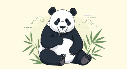 A cute cartoon panda sits surrounded by bamboo leaves, giving a thumbs-up in a charming and whimsical illustration against a soft backdrop.