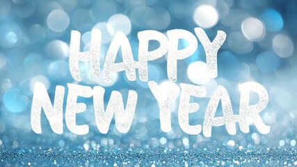 Happy New Year message in white glitter letters festive blue bokeh background perfect for holiday greetings and social media posts - Powered by Adobe