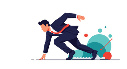Determined businessman in starting position, ready to launch forward, symbolizing ambition, leadership, and progress towards goals.
