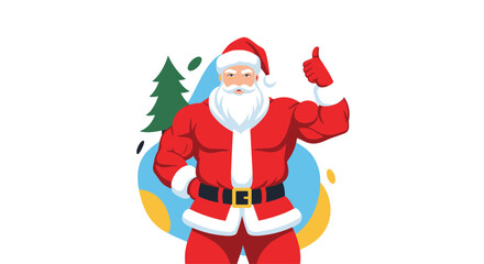 Fototapeta premium Muscular Santa Claus in red suit giving a thumbs up, festive Christmas tree in background, playful and whimsical vector illustration.