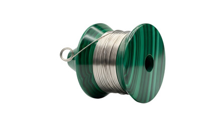 Green and silver spool of thread isolated on transparent background