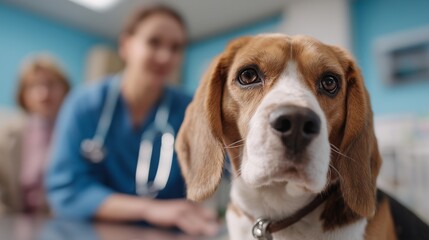 In a veterinary clinic, a beagle calmly waits while a woman observes her dog during its examination by a veterinarian. The beagle shows trust and curiosity, contributing to the atm