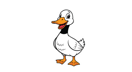 Smiling cartoon duck with a bright orange beak, black neck and white feathers standing on orange webbed feet on a white background.
