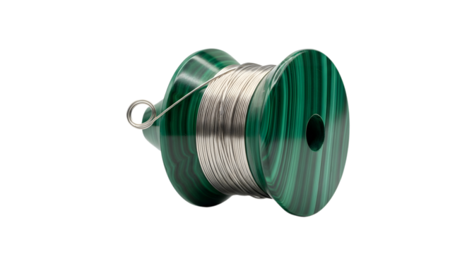 Green and silver spool of thread isolated on transparent background