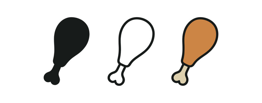 chicken drumstick icons three drumstick silhouettes with bone tip one flat solid monochrome one thin black outline black and white one full color flat icon golden roasted brown