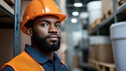 balck loader in uniform working in warehouse of plumbing section in modern construction hypermarket, organized shelves, retail interior - Powered by Adobe