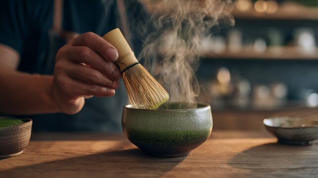 A barista preparing traditional matcha drink in a modern coffee shop.  - Powered by Adobe