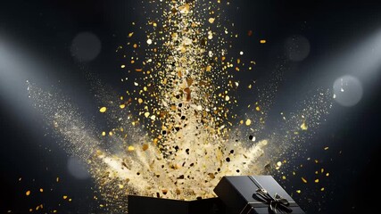 Unboxing joy and wonder with a burst of glittering gold confetti, a moment of pure celebration and surprise captured in motion