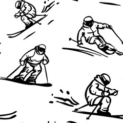 Naklejka premium Skiers set, hand drawn sketch, monochrome vector illustration