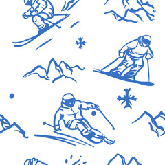 Skiers set, hand drawn sketch, monochrome vector illustration