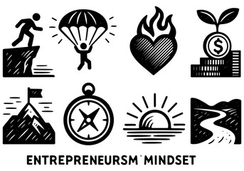 Entrepreneurial spirit icons: adventure, growth, success, and motivation