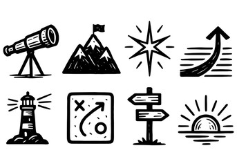 Fototapeta premium Adventure and navigation icons in black and white hand-drawn style