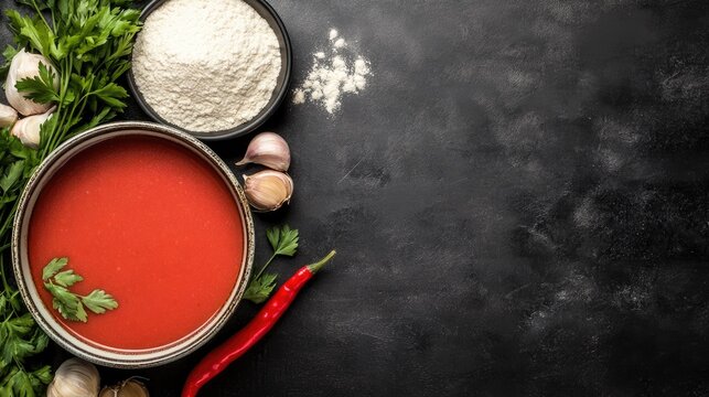 Ingredients arranged on a dark surface for preparing a flavorful sauce featuring tomatoes, herbs, garlic, and spices - Powered by Adobe