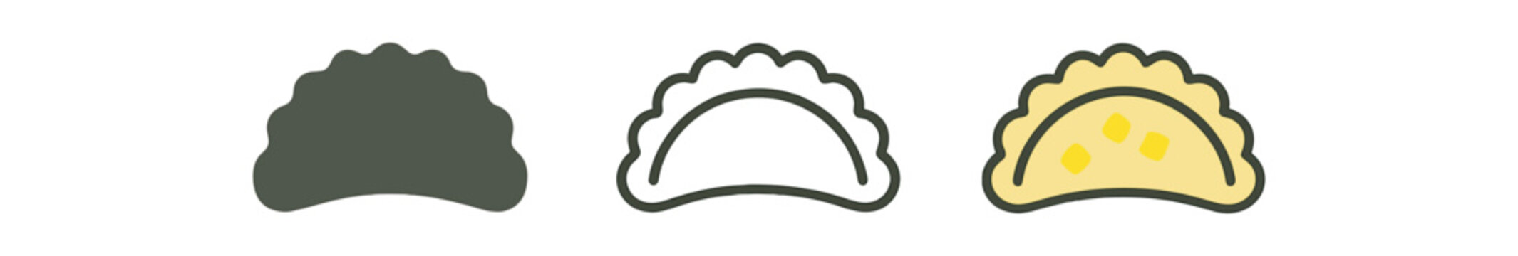 Empanada dumpling icon set. Pastry, stuffed pie, latin food, traditional snack symbol. Outline flat and colored vector illustration.