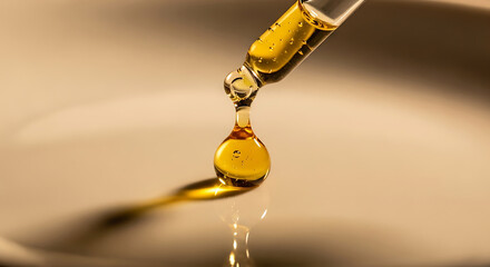Golden oil dripping from pipette for cosmetics skin care treatment and aromatherapy close up view