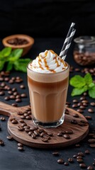 Creamy caramel iced coffee served in a glass with whipped cream and chocolate drizzle on a rustic wooden board surrounded by coffee beans