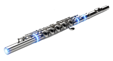 Chrome Flute Shines with Blue Light on Black. Instrument presents sleek, metallic aesthetic for music product promotion, concert posters, or branding materials.