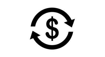 Obraz premium A black and white icon representing currency exchange with a dollar sign surrounded by circular arrows.
