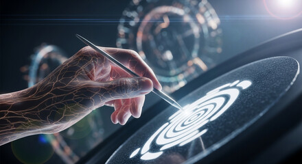 illustration of a bio-digital hand holding a pen, touching a glowing target symbol on a dark glass surface with bokeh effects, Great for smart technology
