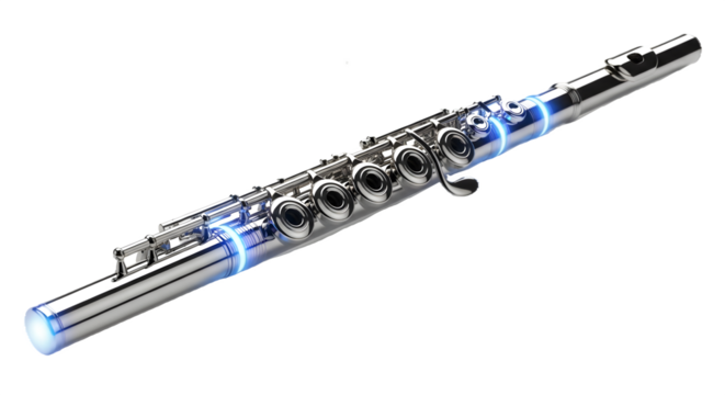 Chrome Flute Shines with Blue Light on Black. Instrument presents sleek, metallic aesthetic for music product promotion, concert posters, or branding materials.