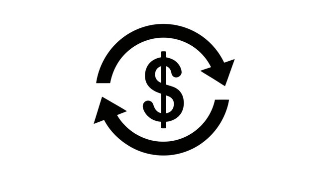 A black and white icon representing currency exchange with a dollar sign surrounded by circular arrows.