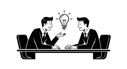 Two businessmen in suits sitting at a table, discussing ideas with a glowing lightbulb above them.