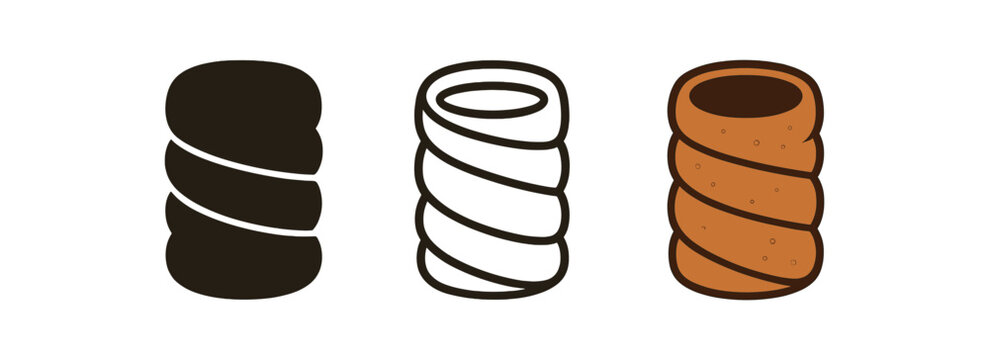 czech trdelnik icons three chimney cake roll silhouettes one flat solid monochrome one thin black outline black and white one full color flat icon warm cinnamon tones