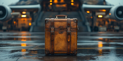 Explore adventure with a vintage suitcase on rainy runway Generative AI