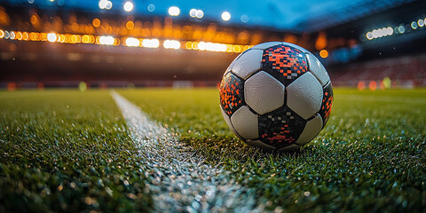 Close-up view of soccer ball on field line during evening Generative AI