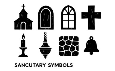 Obraz premium Minimalistic sanctuary symbols: church, cross, candle, windows, bell design elements